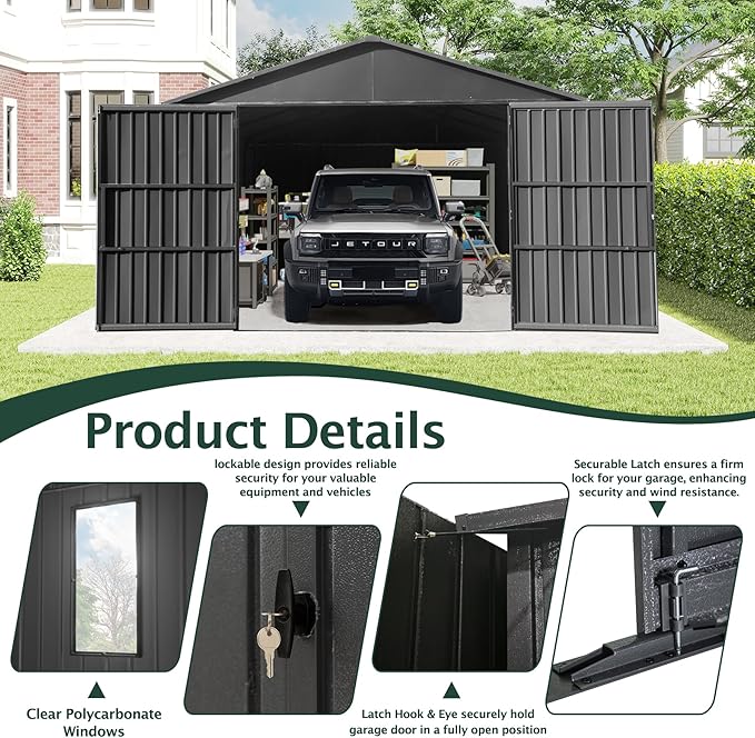 Domi 12’x15’ Outdoor Metal Garage Shed, Weatherproof Enclosed Carport - Image 6