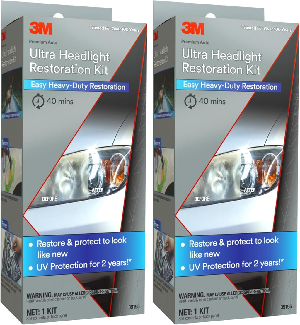 3M Ultra Headlight Restoration Kit 39195, 2 Pack (2 Kits), Removes Cloudy Yellowed Haze, 500/800/3000 Grit Sanding Discs + Clear Coat, For Plastic Lenses