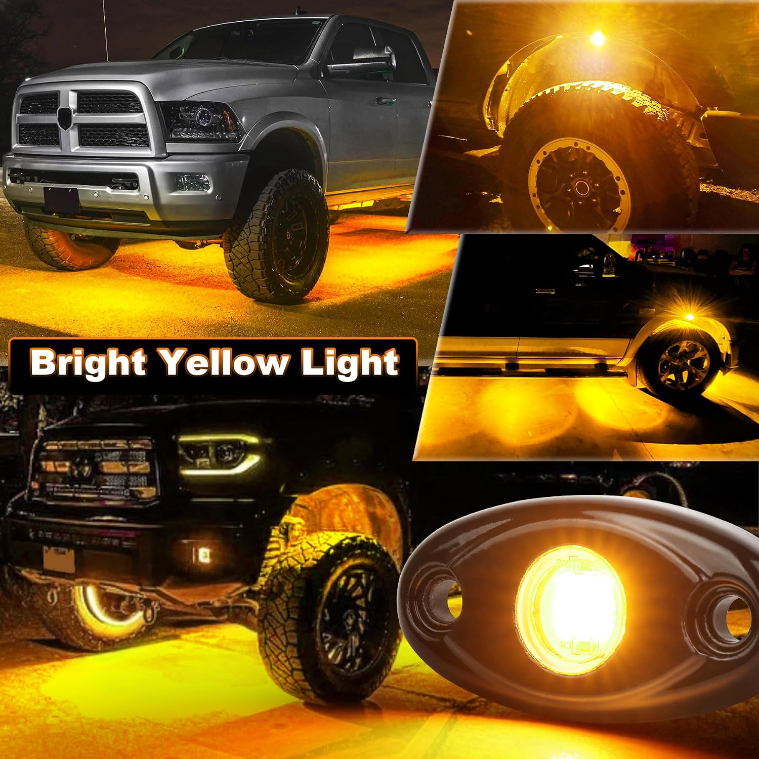 Yellow LED Rock Lights, 2 Pods Yellow Underglow Rock Lights Waterproof IP68 Compatible with Truck Pickups Jeep Cars ATV UTV SUV Motorcycle Boat