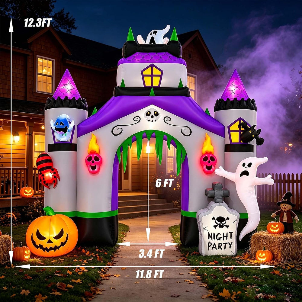 SEASONBLOW 12.3 Ft Giant Halloween Inflatable Haunted House Castle Archway Li...