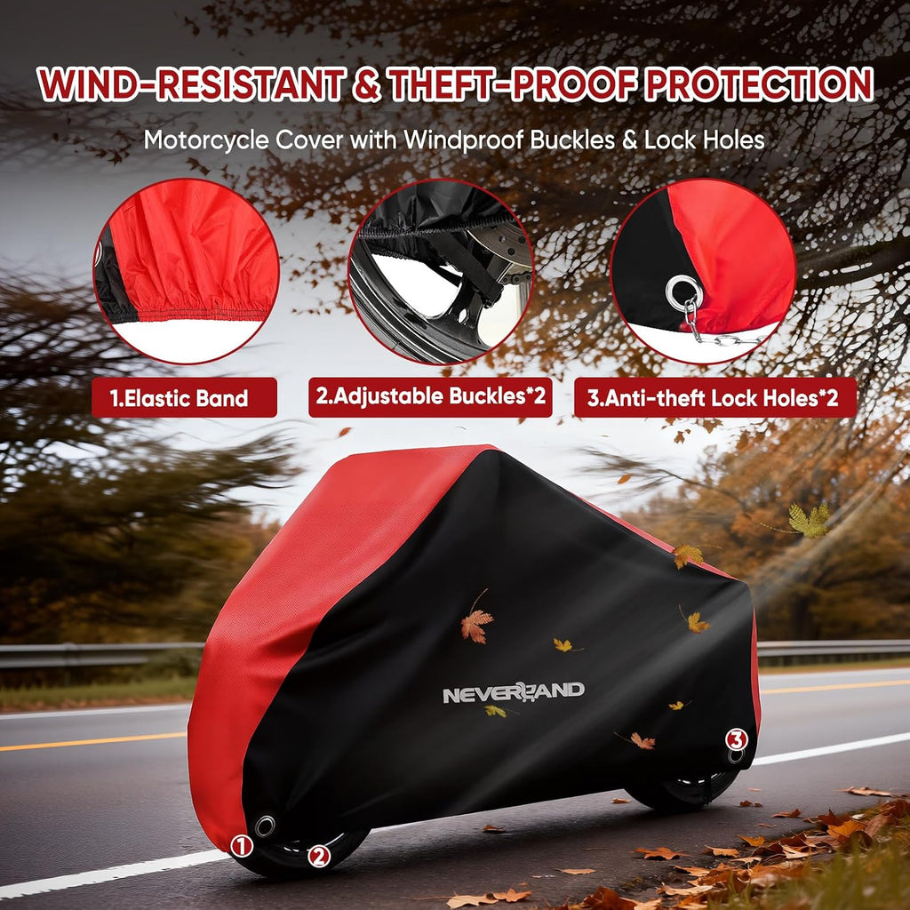 NEVERLAND Motorcycle Cover Waterproof Outdoor - All Season Scooter Covers Heavy Duty with 2 Lock-Holes, Bandage & Storage Bag Fits Most Motorcycles, Scooters, Dirt Bikes, Sportbikes (Up to 104”)