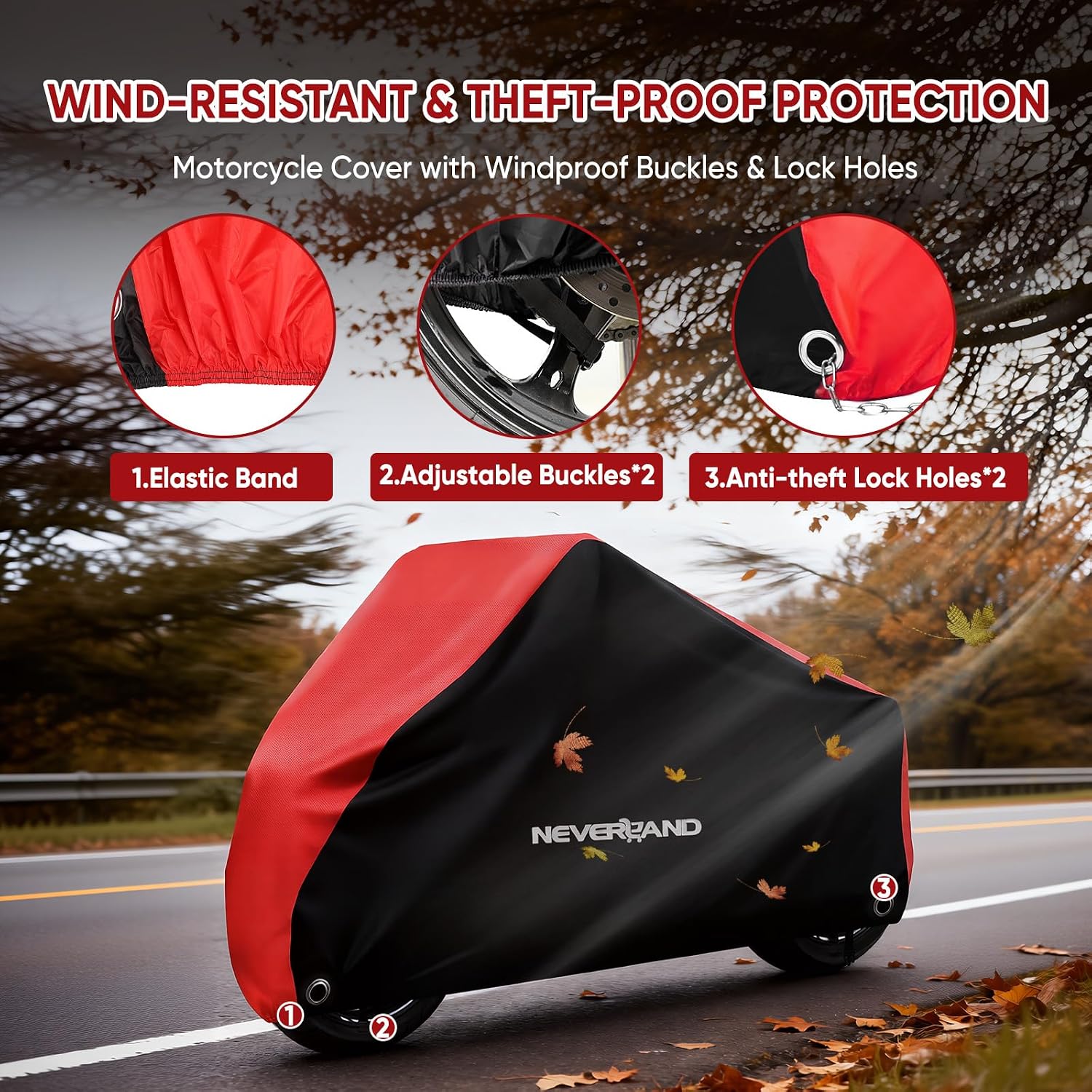 NEVERLAND Motorcycle Cover Waterproof Outdoor - All Season Scooter Covers Heavy Duty with 2 Lock-Holes, Bandage & Storage Bag Fits Most Motorcycles, Scooters, Dirt Bikes, Sportbikes (Up to 104”)