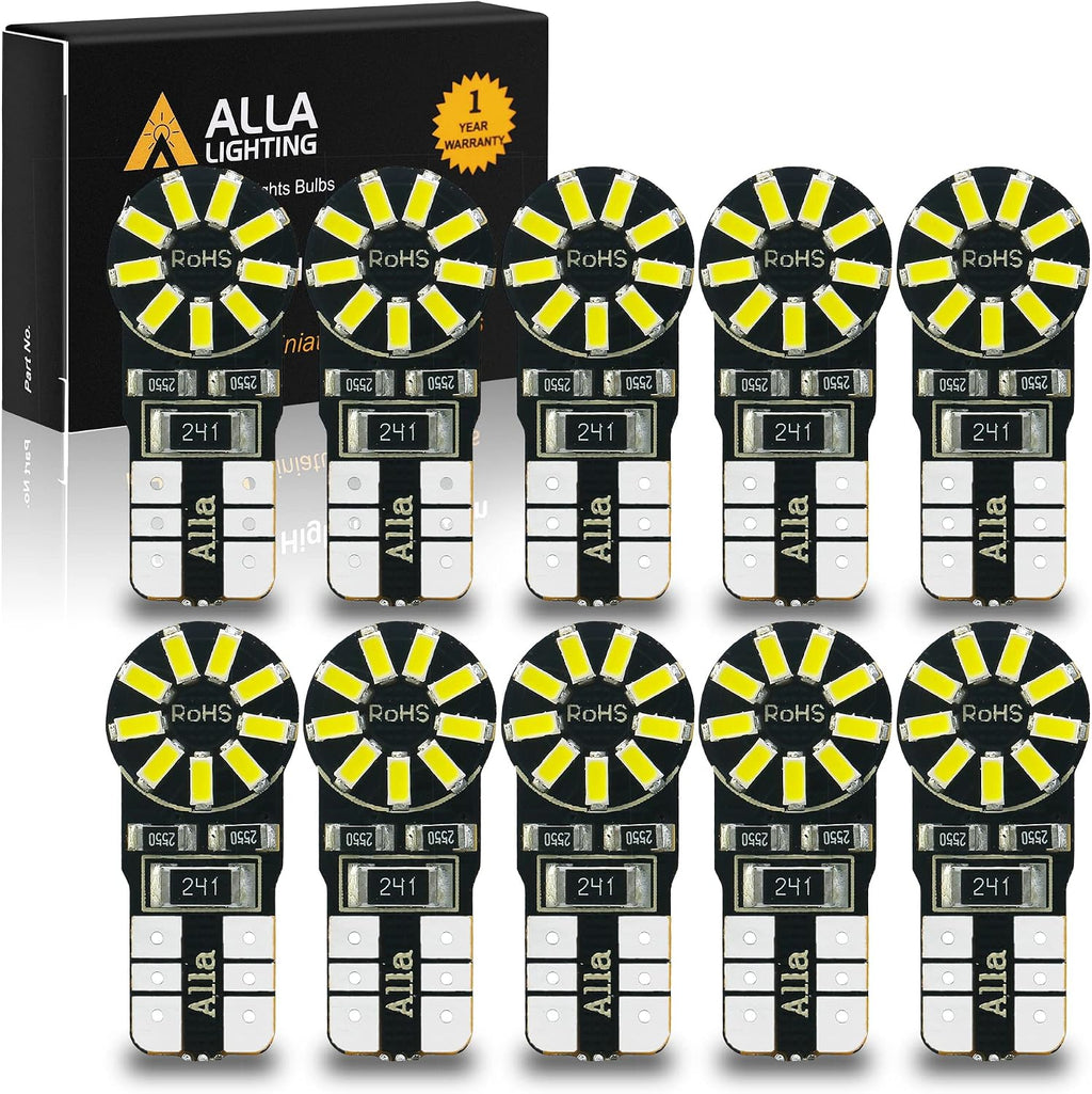 Alla Lighting 10x T10 168 194 LED Bulbs, 6000K White Super Bright 161 175 2825 W5W Bulb 3014 SMD 12V Replacement Bulbs for Trucks Cars License, Interior, Map, Dome, Trunk, Door Courtesy Lights Lamps