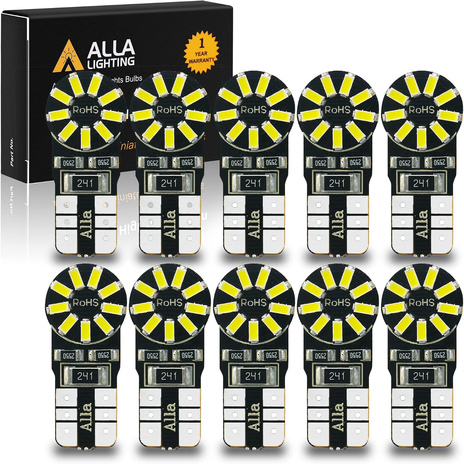 Alla Lighting 10x T10 168 194 LED Bulbs, 6000K White Super Bright 161 175 2825 W5W Bulb 3014 SMD 12V Replacement Bulbs for Trucks Cars License, Interior, Map, Dome, Trunk, Door Courtesy Lights Lamps