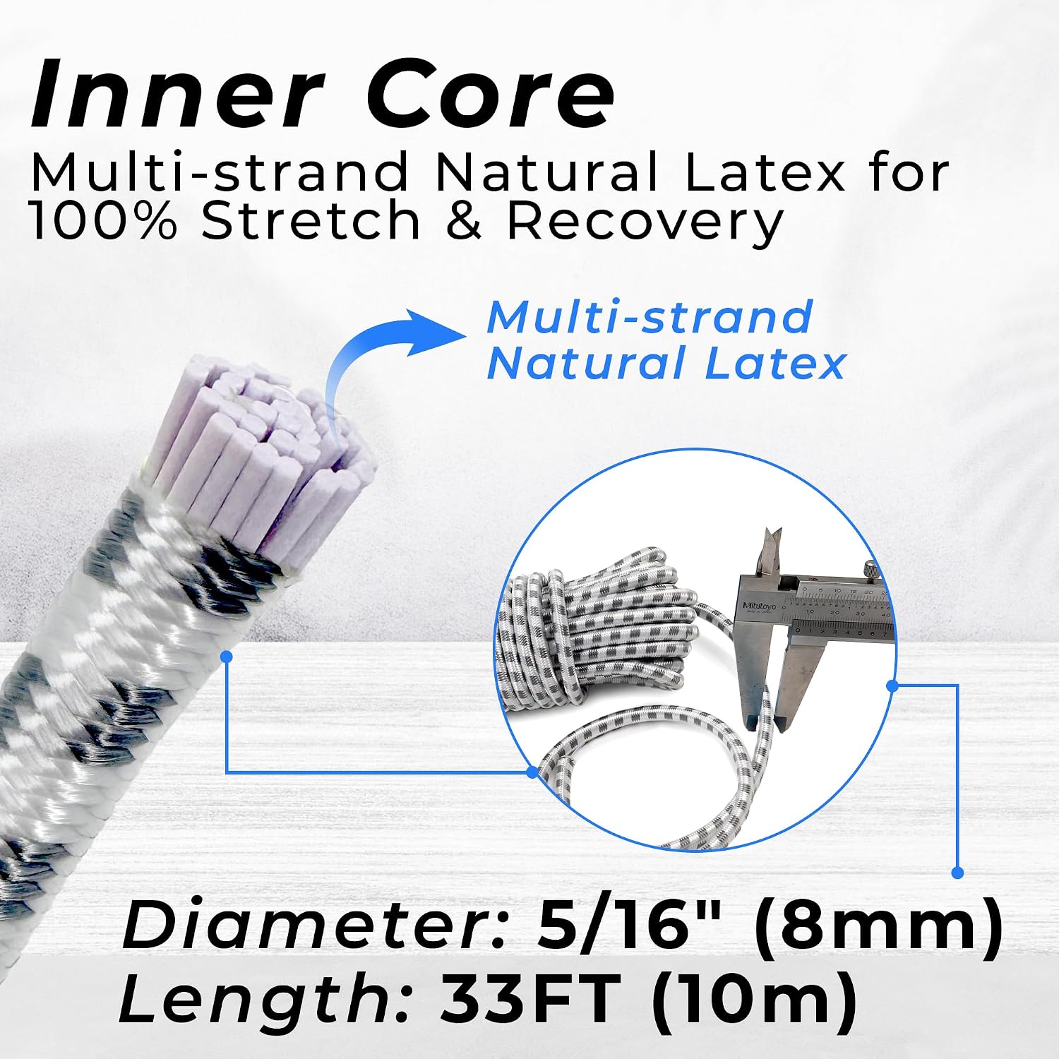 5/16" (8 mm) x 33FT Heavy Duty Bungee Cords - Marine Grade Polyester Shock Cord for Outdoor, Kayak & Tarp - 100% Natural Latex Core Elastic Cord, High-Stretch Bungee Rope & Bungie Cords