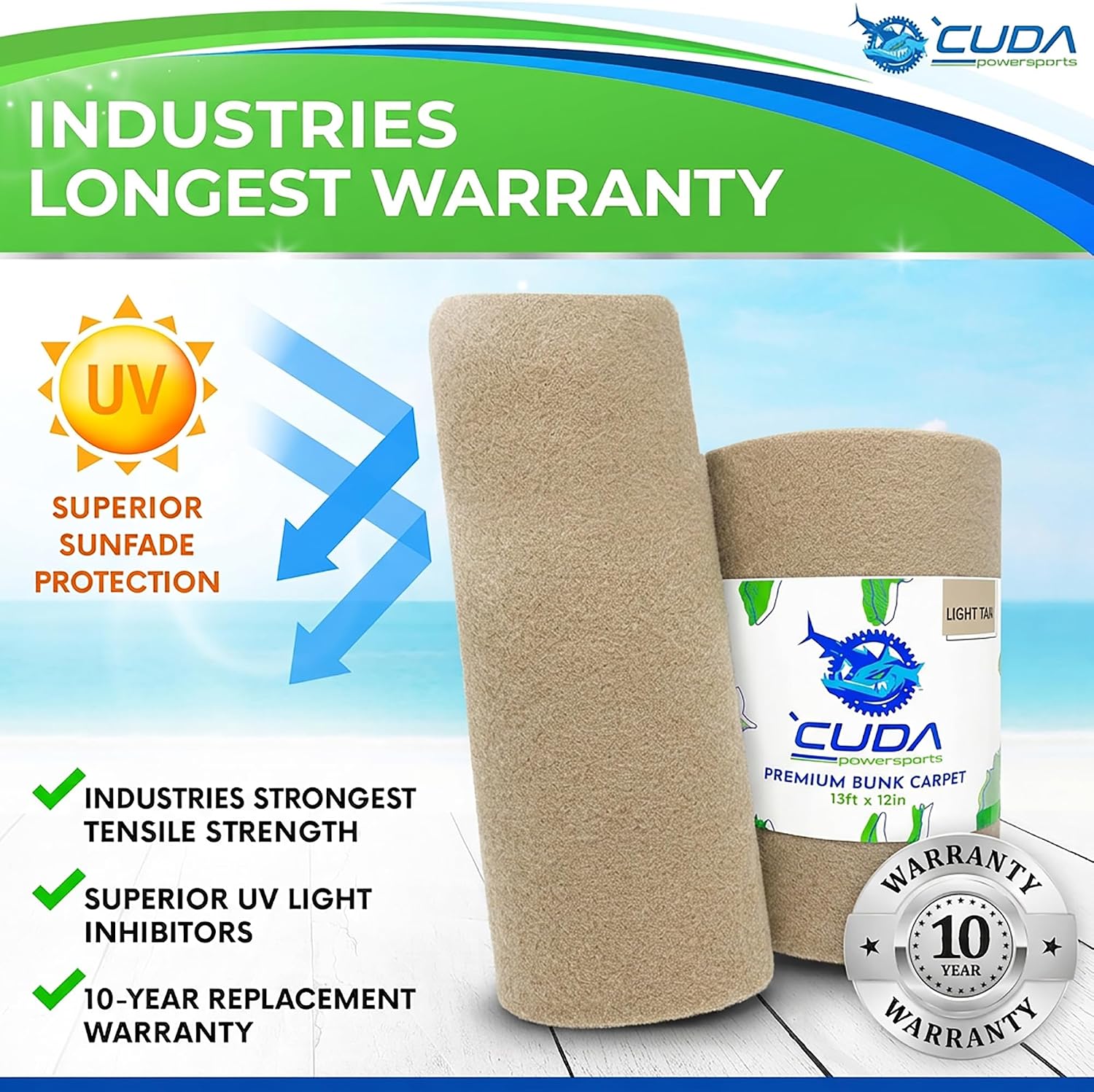 Cuda Boat Trailer Bunk Carpet 12 Inch Wide x 50ft-New Premium Tan Roll- Cuda Bunk Carpet for Boat Trailers Parts Accessories Taupe Lift Runners Covers Waterproof