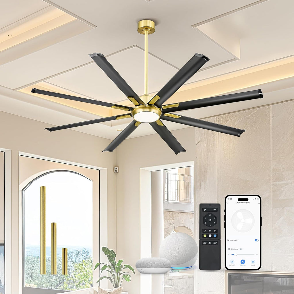 Industrial Ceiling Fan With Light, 72 Inch Black & Gold Ceiling Fan With 8