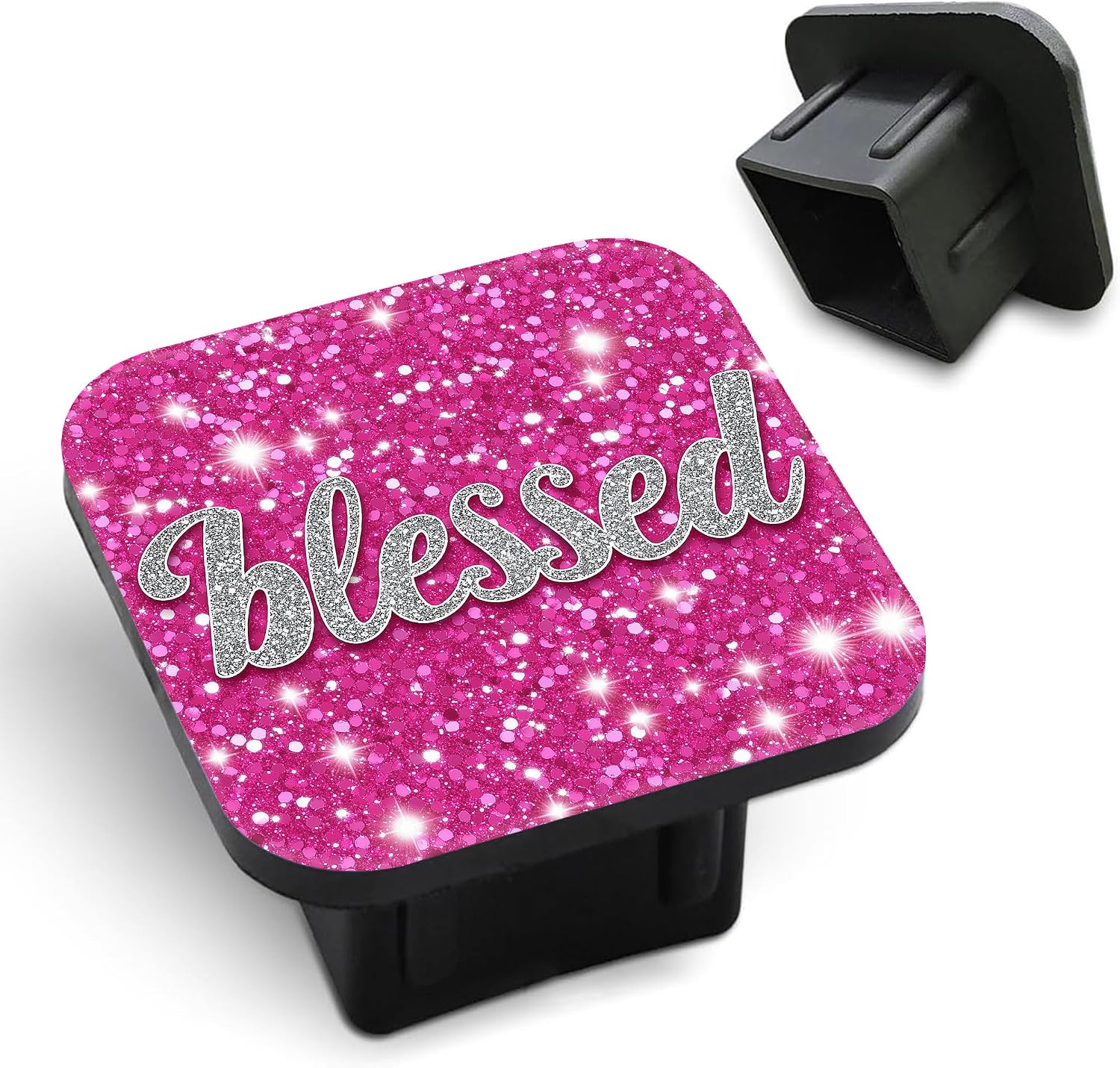 Hitch Receiver Cover 2" Pink Glittery Blessed Trailer Hitch Cover Tube Cap Rubber Universal 2 Inch Receiver Plug for Pickups Trucks Cars Suvs