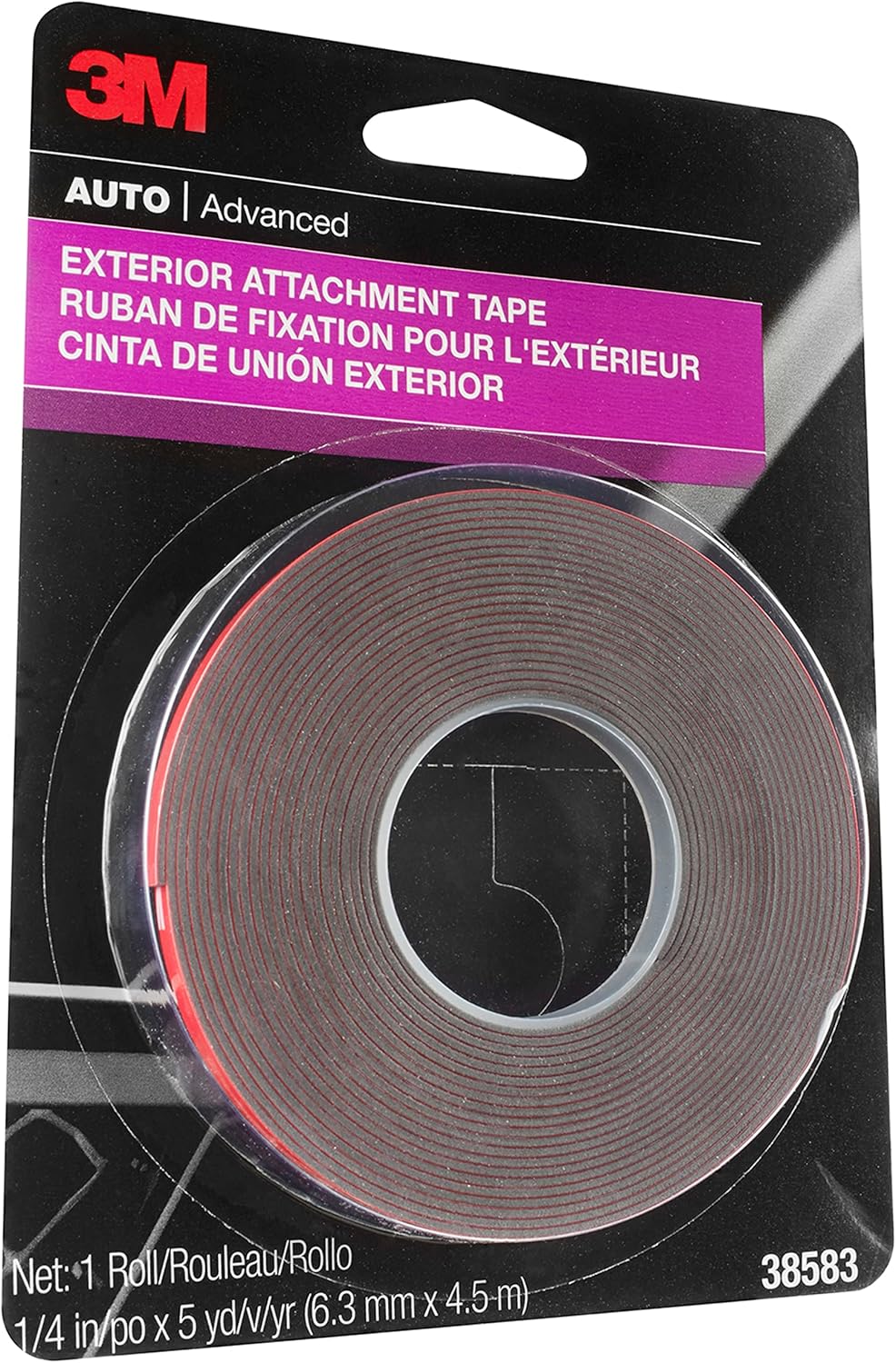 3M Exterior Attachment Tape, Ideal for Moldings, Emblems and Trim, 1/4 in width x 5 yards in length, 1 roll