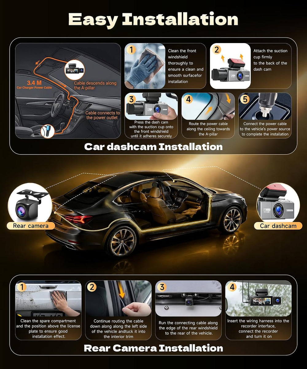 4K+2K+2K 3 Channel Dash Cam Front Rear Inside Car Camera, 64GB Card
