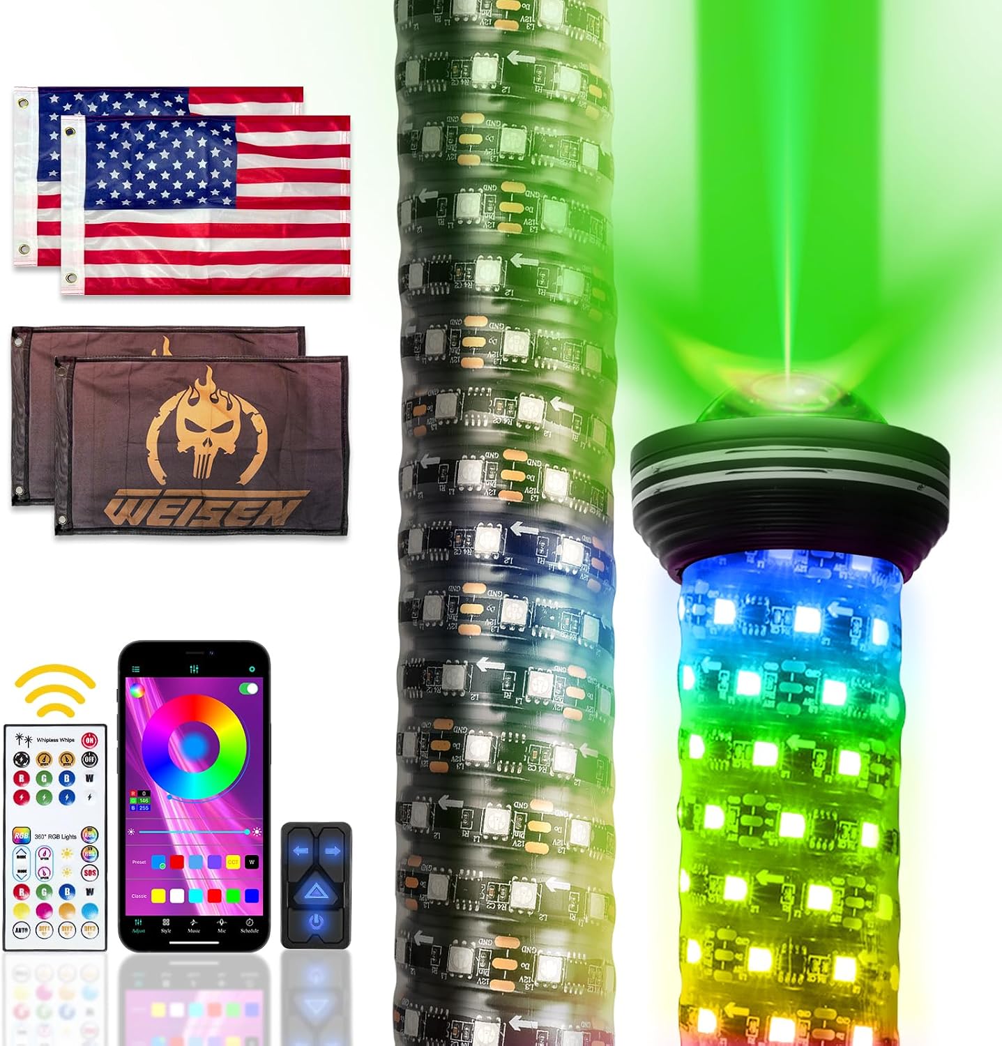 Weisen 2-in-1 2ft Fat Whip Light, Whipless LED Whip Light with Multifunction Switch, RF Remote & APP Control, Alien Lights with Chasing Turn Signal Brake Reverse Light Warning Light for UTV