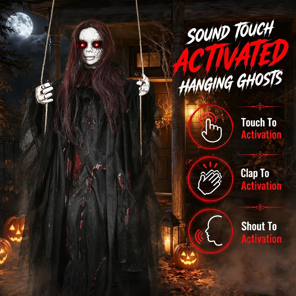 59" Scary Hanging Ghost Girl Halloween Decoration – Sound & Touch Ac...