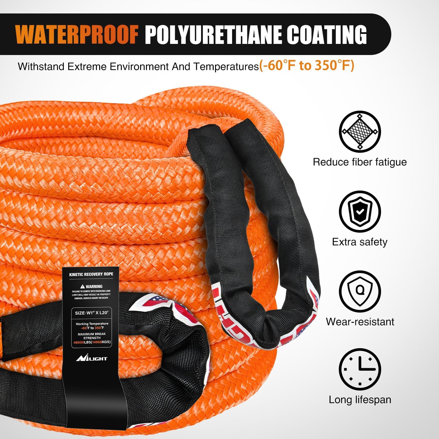 Nilight Kinetic Recovery Rope 48000 LBS 1in x 20ft Snatch Strap Heavy Duty Offroad Towing Starp Kit Vehicle Recovery kit for UTV ATV SUV Truck Car Jeep Tractor