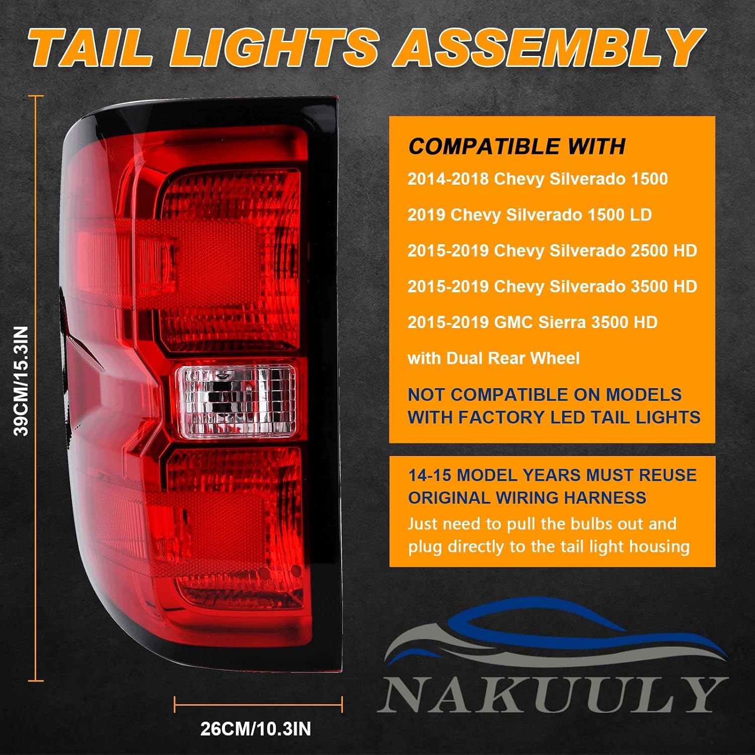 Tail Light Assembly Compatible With 2016-2019 Chevy Silverado 1500 2500 HD GMC Sierra 3500 HD Right Passenger Side Taillight Brake Lamp with Bulb Halogen Type