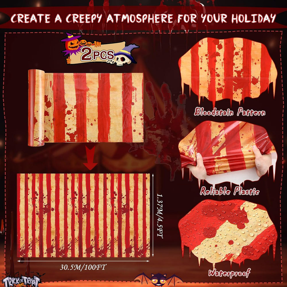 Tegeme 200 ft Creepy Carnival Tablecloth Roll, Red White Striped Halloween