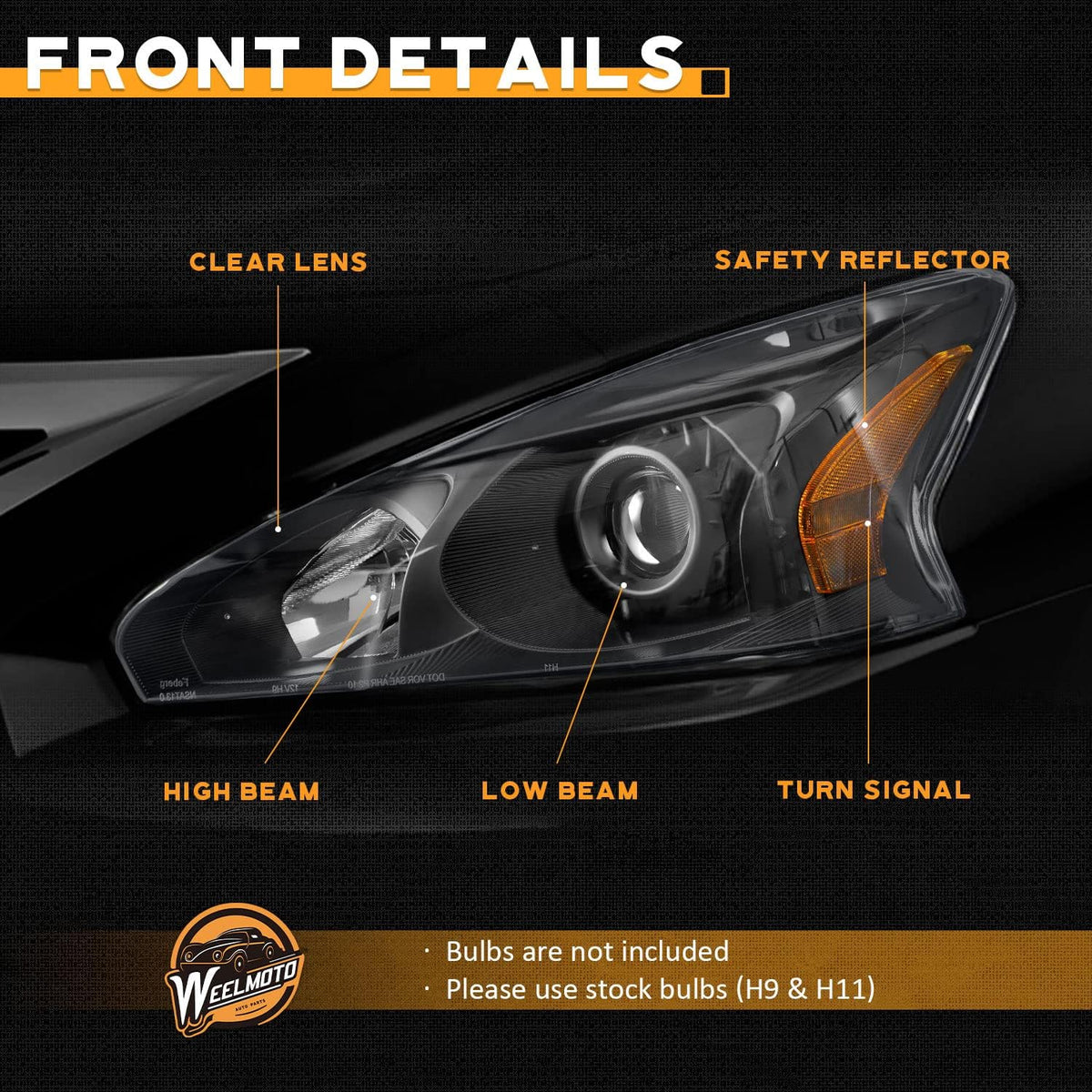 weelmoto halogen headlights assembly for 2013-2015 nissan altima on a desk or shelf