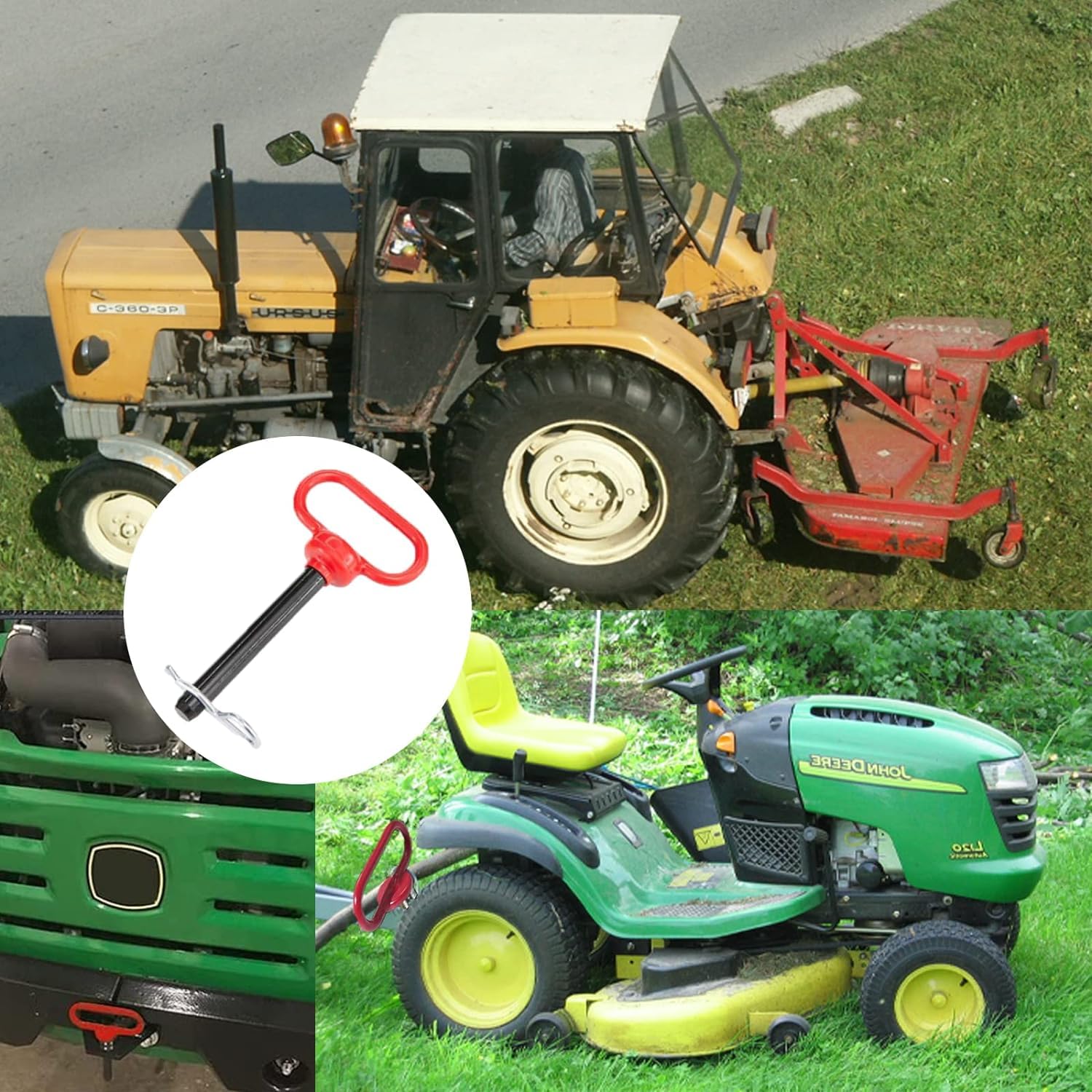 5/8 x 6 Inch Trailer Hitch Pin with R-Clip for Tractor Lawn Mower | red steel pin set, quick lock and release, universal hitch attachment, outdoor farm equipment use, secure coupling connection
