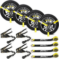 4 Pack Tire Tie Down Straps for Trailers – 2" x 96" Lasso Wheel TrailerRatchet Straps with Chain Anchors, Heavy Duty 9900 lbs Break Strength,UTV, SUV, Truck Trailer Hauling, Yellow