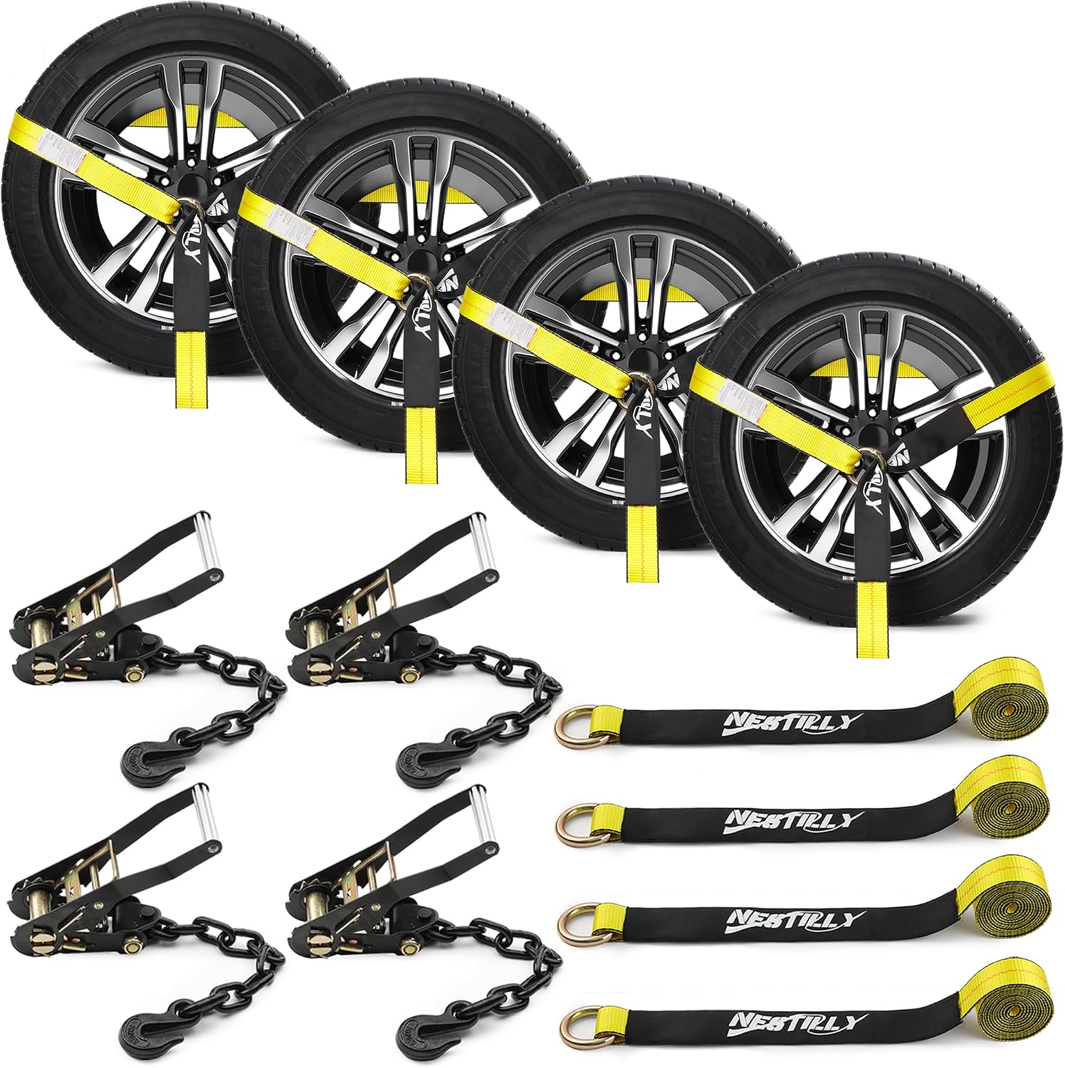 4 Pack Tire Tie Down Straps for Trailers – 2" x 96" Lasso Wheel TrailerRatchet Straps with Chain Anchors, Heavy Duty 9900 lbs Break Strength,UTV, SUV, Truck Trailer Hauling, Yellow