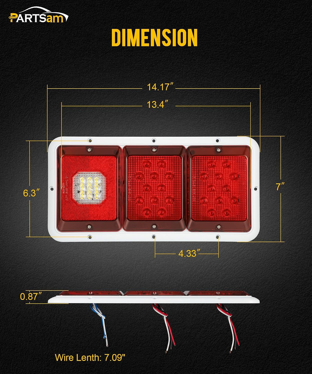 Partsam 2x LED Triple Tail Lights 45 LEDs, Rectangle Vertical or Horizontal Mount LED Trailer Camper RV Tail Lights Stop Turn Tail Backup Reverse Lights Taillights w/White Base - Red/Clear Lens 12V