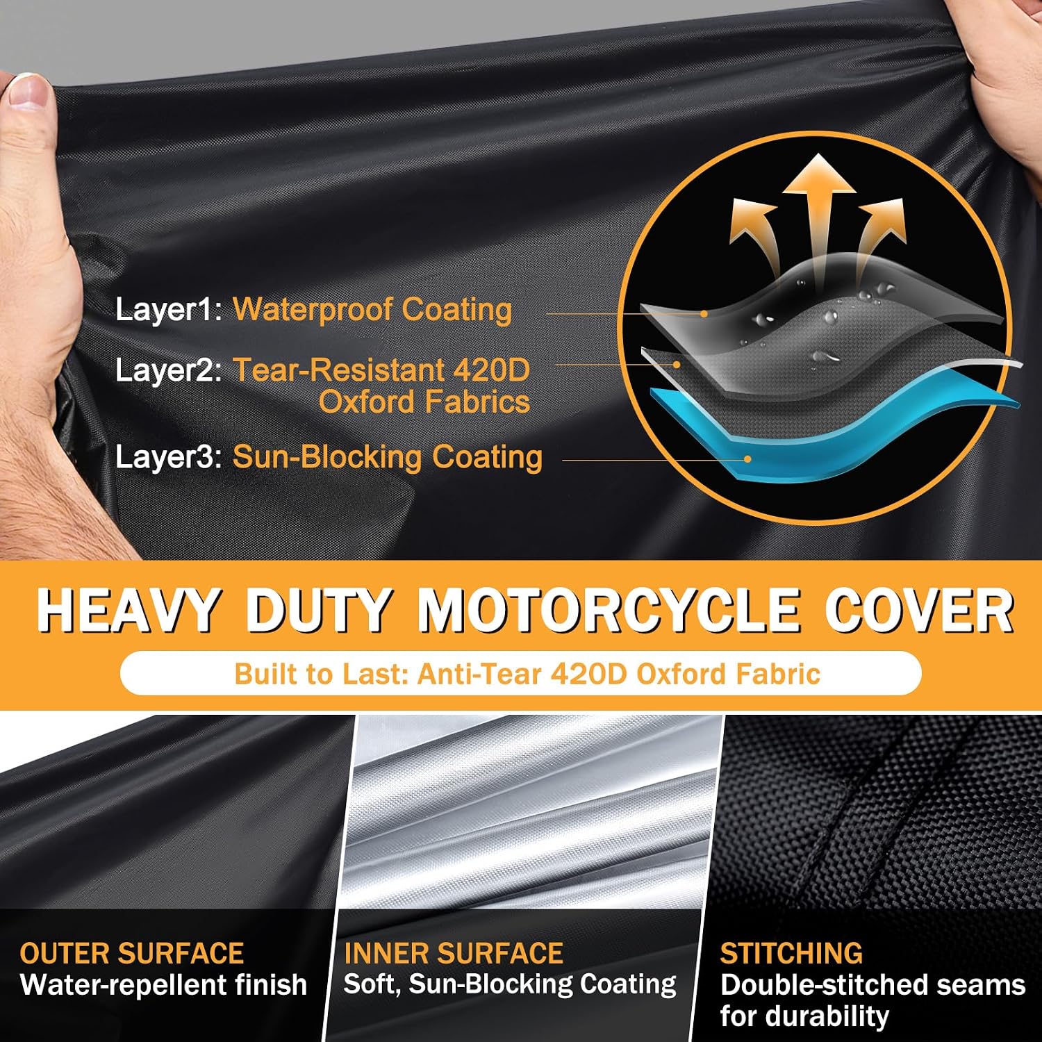 Heavy Duty Motorcycle Cover Waterproof Outdoor Universal Fit up to 92 Inch, All Season Protection for Kawasaki Z650 Ninja ZX-10R, Honda Rebel 500 CBR500R with See-Through License Panel