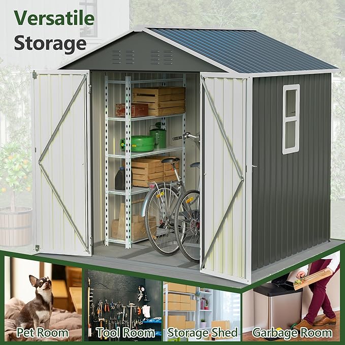 Outdoor Storage Shed, 6 X 6ft Metal Galvanized Steel Garden Shed