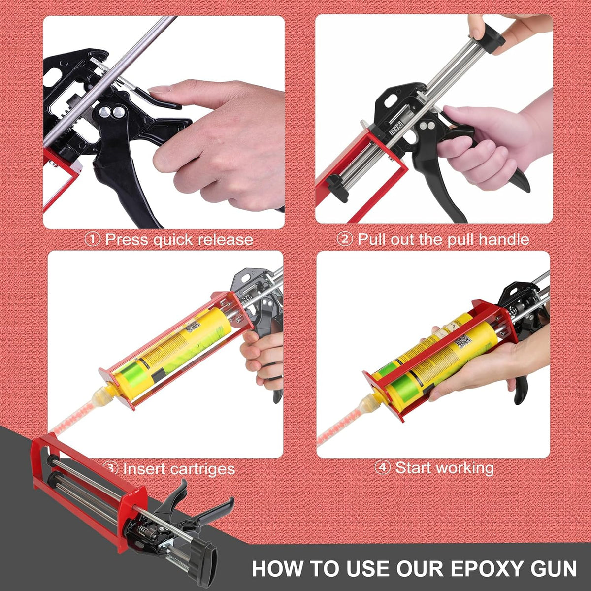 epoxy gun dual cartridge applicator 450ml/600ml/650ml, manual 1:1 showing dimensions