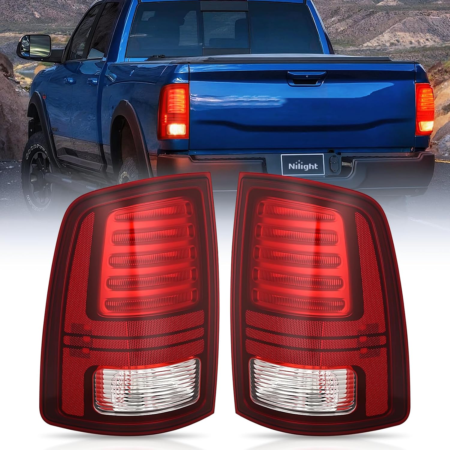 Nilight Taillight Assembly Compatible with 2013 2014 2015 2016 2017 2018 Dodge Ram 1500 2014-2018 Ram 2500 3500 LED Style Driver Side and Passenger Side Rear Tail Light with Bulbs