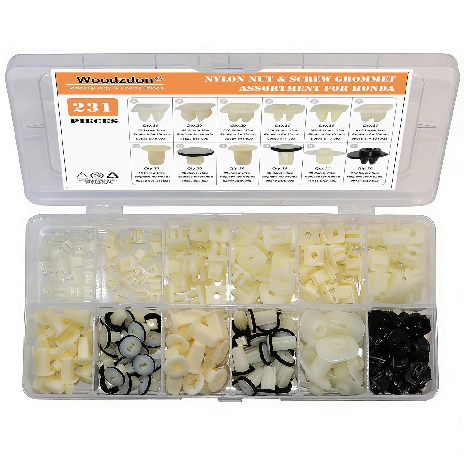 Woodzdon 231pcs Headlight Adjusting Screw Nylon Nut Bumper Grommet #6,#8,#10,#14 Screw Grommet Assortment for Honda for Acura Door Panel Nut Interior Floor Mat & Silence Pad Grommet License Nut