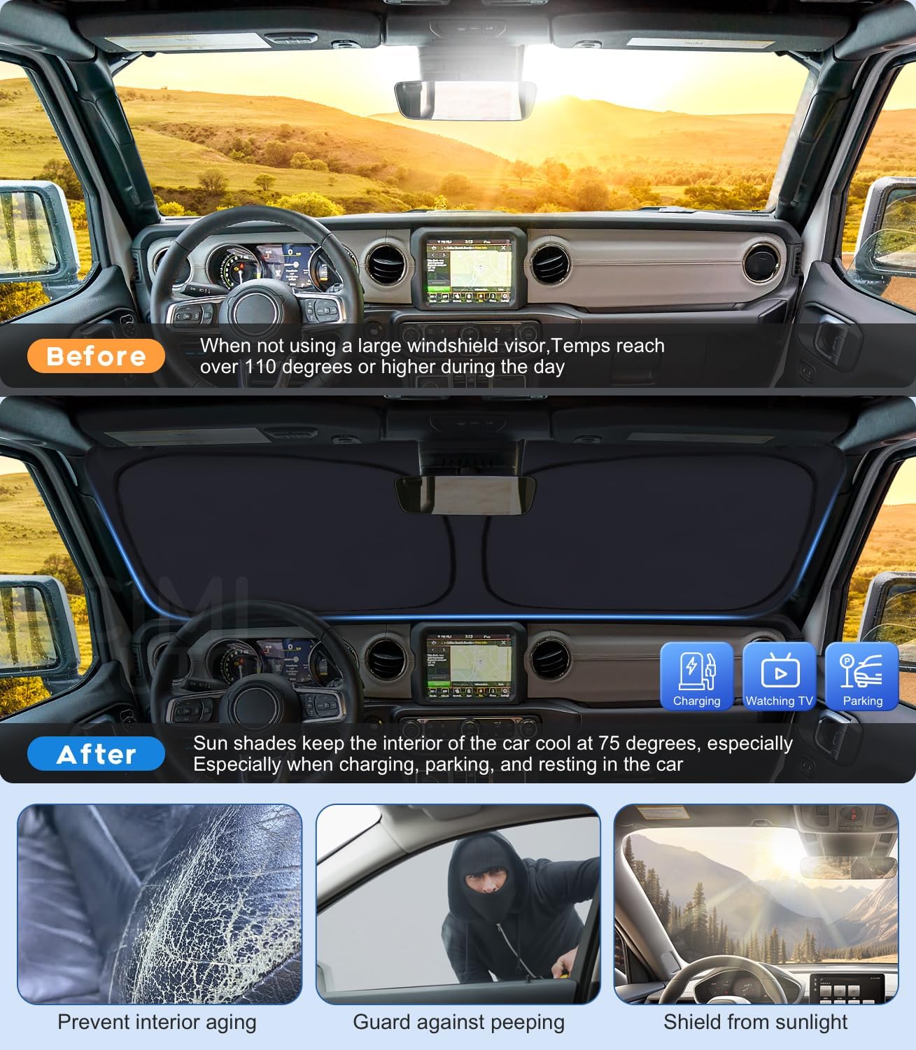 Shade Heat Shield for Jeep Wrangler Windshield Sun Shade,Art USA Flag Sunshade Compatible with Jeep Wrangler Tj Jk Jl Jku Jlu &Gladiator Jt Foldable Windshield Sun Visor Blocks UV Rays 1997-2025