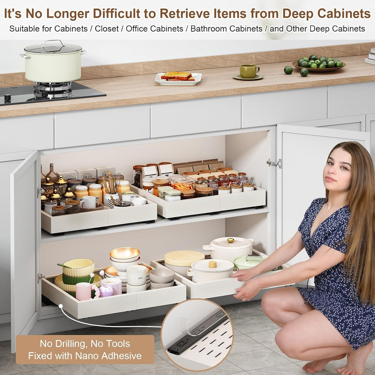 fokyfok pull out cabinet organizer,11"-16"w,17"-24"d,expandable,adhesive showing dimensions