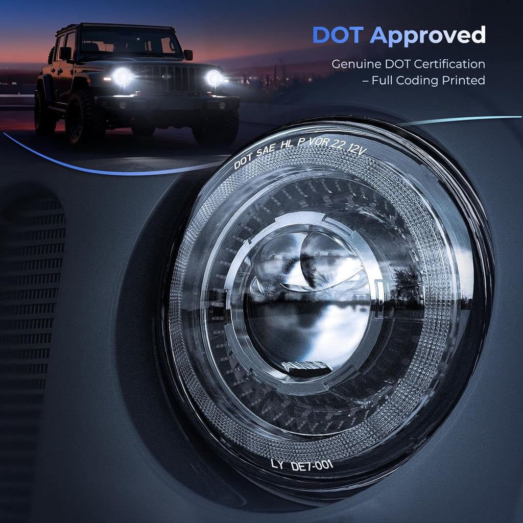 HWSTAR New 1000% Bright Anti-glare 7 Inch Led Headlights Round Compatible with Jeep Wrangler JK JKU TJ LJ Chevy Ford GMC etc w/Starry DRL Start-up Gradient Halo Turn Signal H6024 DOT Hi/Lo Sealed Beam