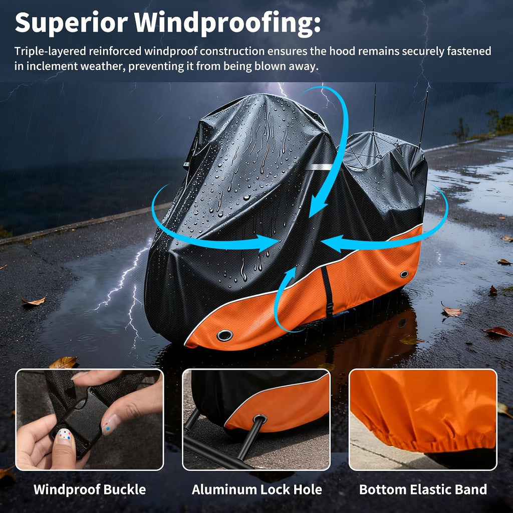 Motorcycle Cover, 110 Inch with Side+Top Box Touring Models Specific Vehicle Cover Storage Suitable for Harley-Davidson Ultra Limited, Road Glide Limited, Gold Wing, Road Master Orange