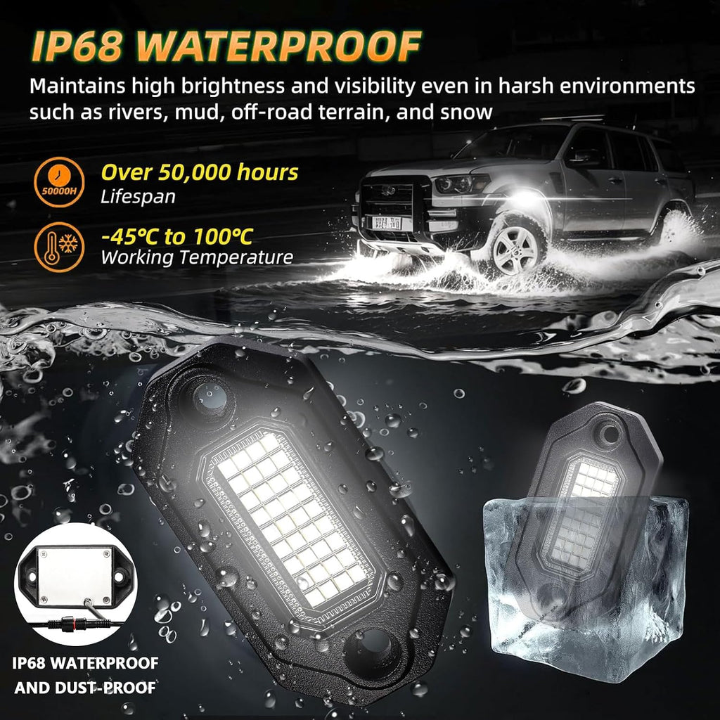 White Rock Lights,Haistyle LED Pure White Rock Lights Kit 4PCS with Switch Wire Harness Kit for Trucks UTV Off Road Boat ATV SUV Luces para Carro Super Bright High Power Light Waterproof Shockproof