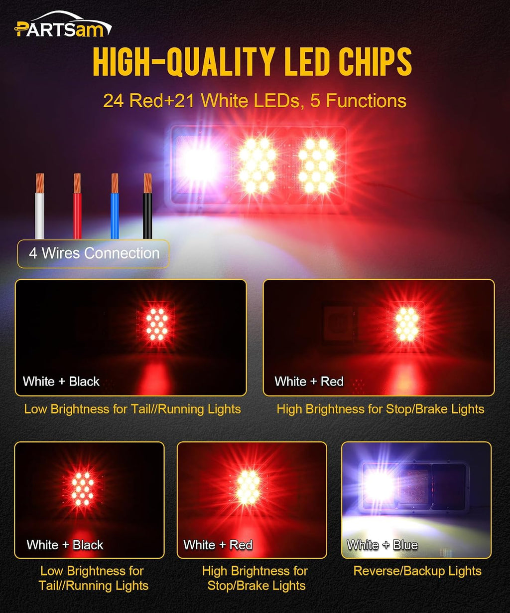 Partsam 2x LED Triple Tail Lights 45 LEDs, Rectangle Vertical or Horizontal Mount LED Trailer Camper RV Tail Lights Stop Turn Tail Backup Reverse Lights Taillights w/White Base - Red/Clear Lens 12V