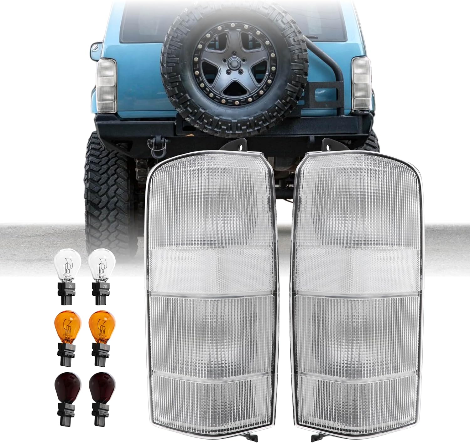 USR 97-01 Cherokee XJ Tail Light – Rear Tail Lamps Assembly (Left + Right) Pair - Compatible with 1997-2001 Jeep Cherokee XJ SUV All Models/Trims (ALL CLEAR LENS TAIL LIGHTS with x6 BULBS)