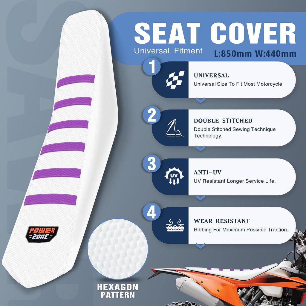 Universal White Dirt Bike Seat Cover, 6 Ribs Motorcycle Enduro Soft Dirt Pit Bike Seat Covers (Purple)