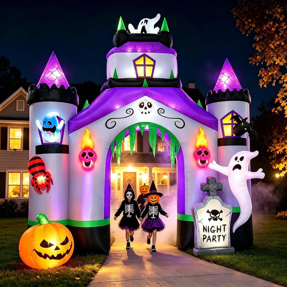 SEASONBLOW 12.3 Ft Giant Halloween Inflatable Haunted House Castle Archway Li...
