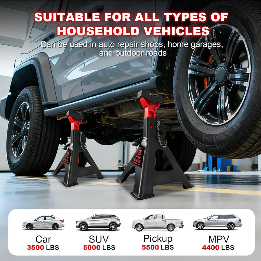 3 Ton (6,600 LBs) Jack Stands with Double Pin Locking,Rubber Cover and Large Foot Base,11"-17" Adjustable Height,Heavy Duty Car Jack Stands,Lifting SUV,MPV,Pickup Truck,ATV/UTV,1 Pair