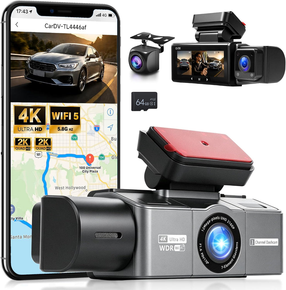 4K+2K+2K 3 Channel Dash Cam Front Rear Inside Car Camera, 64GB Card