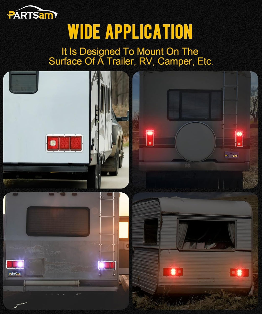 Partsam 2x LED Triple Tail Lights 45 LEDs, Rectangle Vertical or Horizontal Mount LED Trailer Camper RV Tail Lights Stop Turn Tail Backup Reverse Lights Taillights w/White Base - Red/Clear Lens 12V
