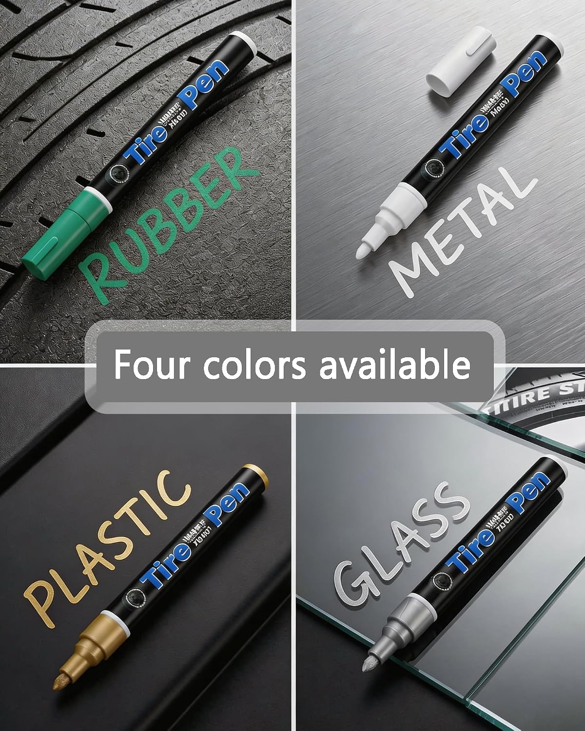 DIY Tire Paint Pen, Tire Lettering Paint Pen & Tyre Pen for Cars, Motorcycles & Bikes, Marker with Curved Tip for Sidewall Marking, 4 Colors (White, Gray, Gold, Green)