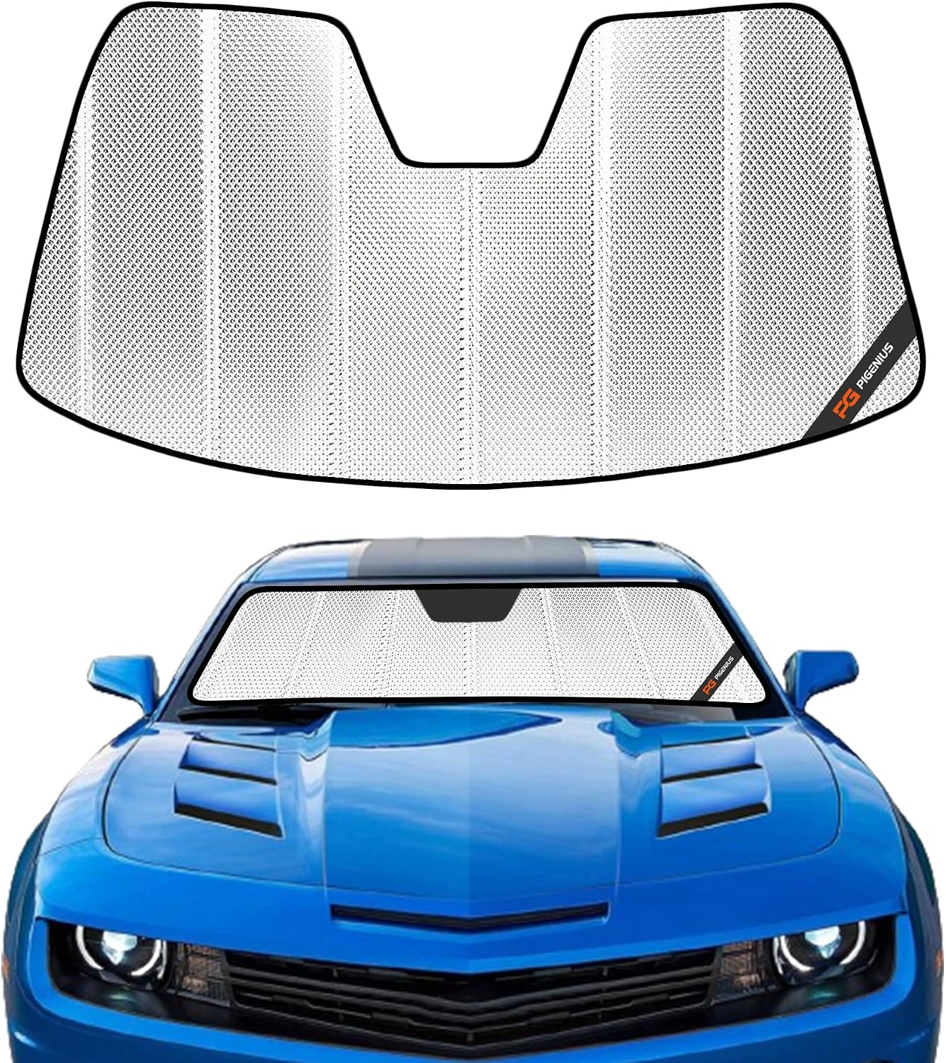 Pigenius Windshield Sun Shade for Chevrolet Camaro Coupe 2010-2015. Reflective Aluminum Film Front Window Sunshade - BLAZBLOCK