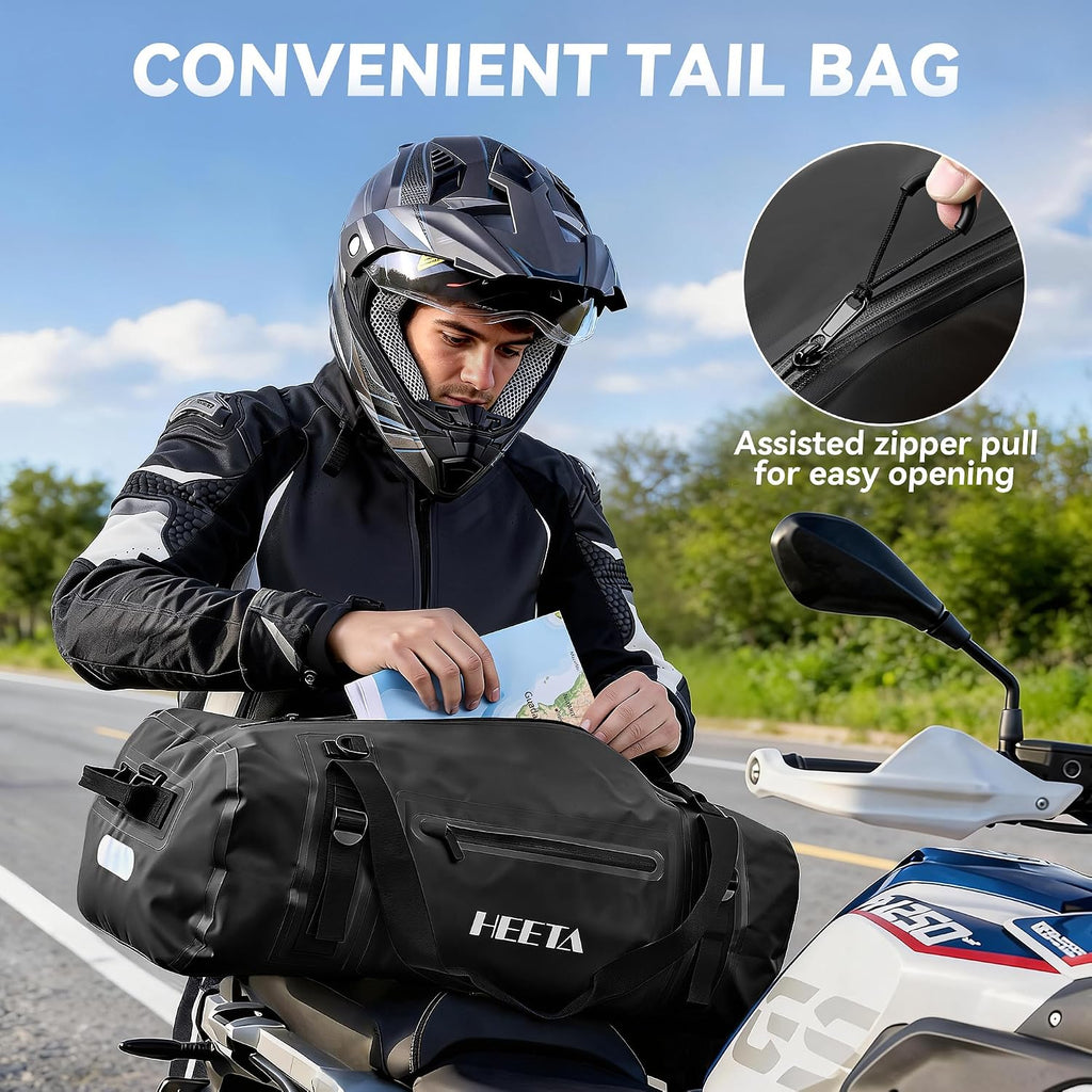 HEETA Waterproof Motorcycle Dry Bag, Waterproof Duffel Luggage Travel Bags with Zippered Closure & Pocket, Shoulder Straps, Large Space for Motorcycling Camping Commuting Boating (Black, 50L)