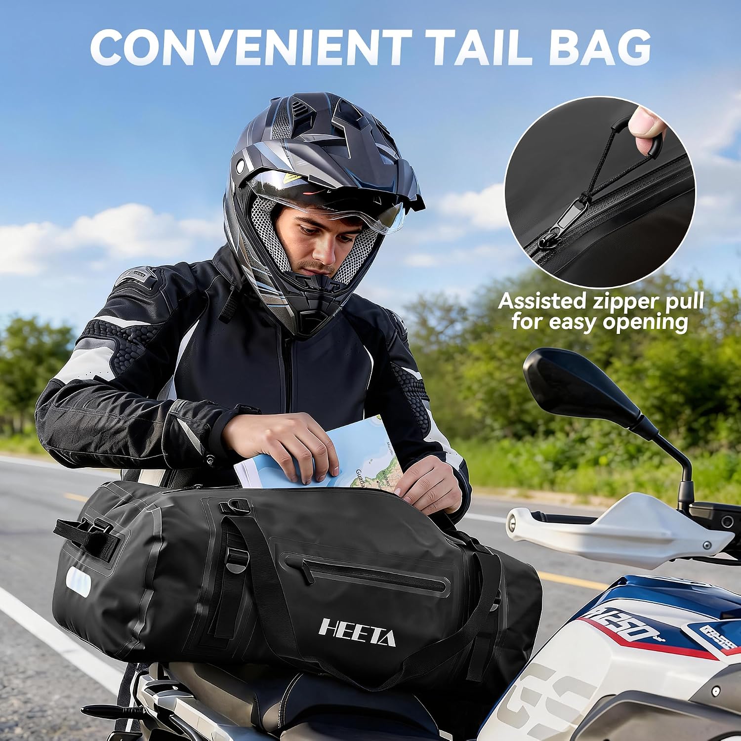 HEETA Waterproof Motorcycle Dry Bag, Waterproof Duffel Luggage Travel Bags with Zippered Closure & Pocket, Shoulder Straps, Large Space for Motorcycling Camping Commuting Boating (Black, 50L)