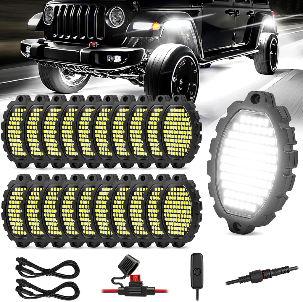 20 Pods Aluminum 1860LEDs Super Bright White Rock Lights with Switch Wiring Harness, Metal Underglow Light Waterproof Led Lights for Trucks Jeep ATV UTV SUV,Plug and Play, Easy to Install(Patented)