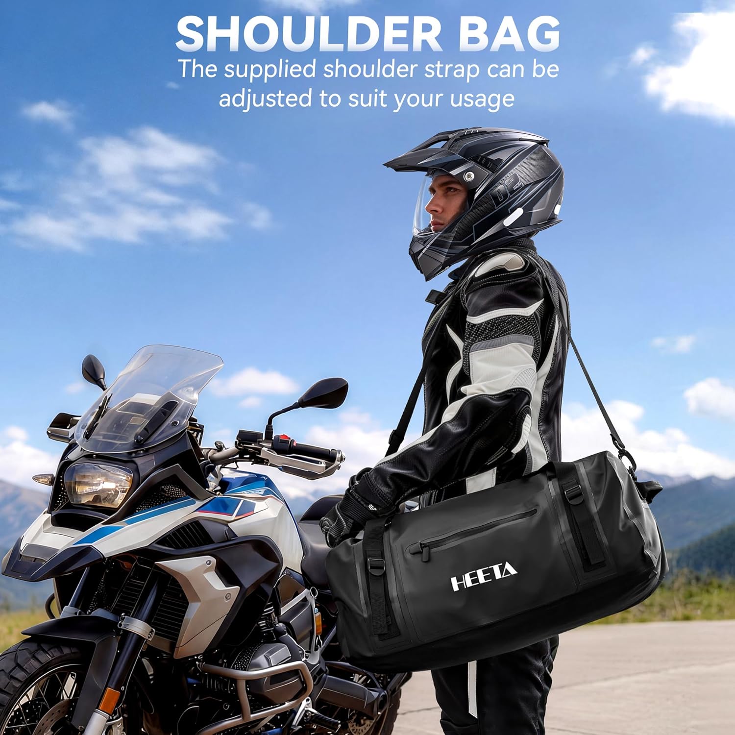 HEETA Waterproof Motorcycle Dry Bag, Waterproof Duffel Luggage Travel Bags with Zippered Closure & Pocket, Shoulder Straps, Large Space for Motorcycling Camping Commuting Boating (Black, 50L)