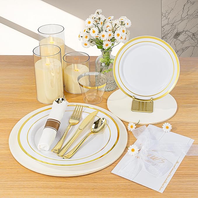 BESTVIP 700PCS Gold Plastic Dinnerware Set for 100 Guests, Disposable Plates ...