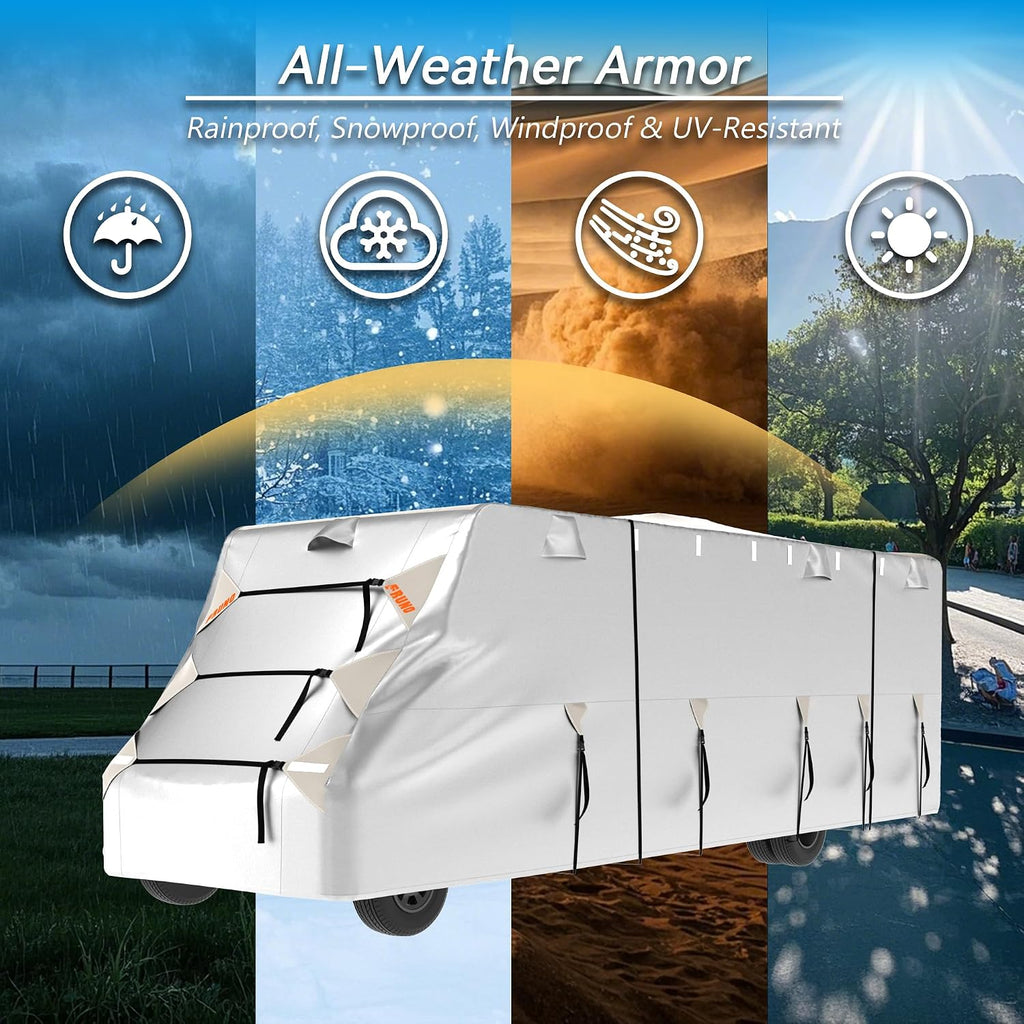 FRUNO Oxford Fabric Class C RV Cover Fits 23'-26' Waterproof Rip-Resistant Anti-UV Motorhome Camper Cover for Winter Snow with 4 Tire Covers and Gutter Covers