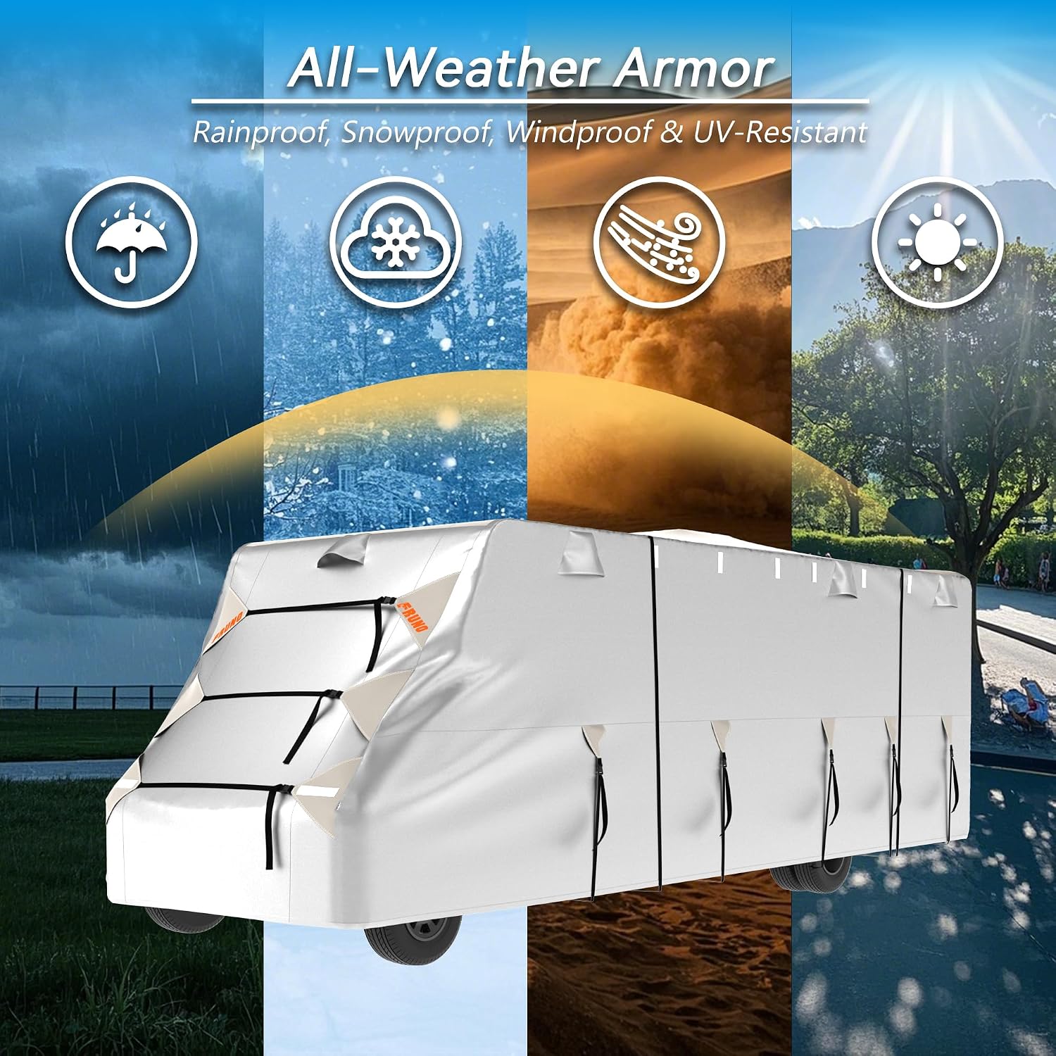 FRUNO Oxford Fabric Class C RV Cover Fits 23'-26' Waterproof Rip-Resistant Anti-UV Motorhome Camper Cover for Winter Snow with 4 Tire Covers and Gutter Covers